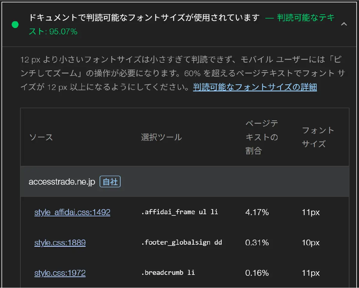 ドキュメントで判読可能なフォントサイズが使用されていません(モバイルのレポート結果)