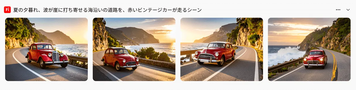 「夏の夕暮れ、波が崖に打ち寄せる海沿いの道路を、赤いビンテージカーが走るシーン」の生成画像