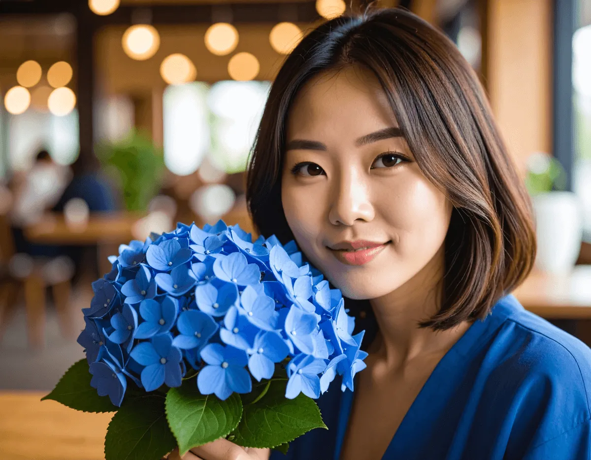 「日本人女性がブルーの花束をもってこちらを見ている。背景はカフェの店内。落ち着いた雰囲気」の生成画像